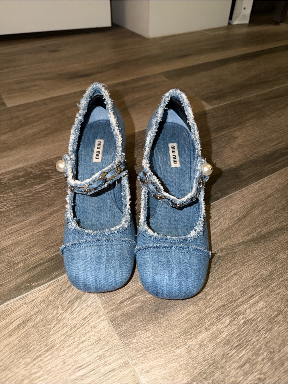 Miu Miu Light Blue Denim Mary Jane Flats with Pearl Strap